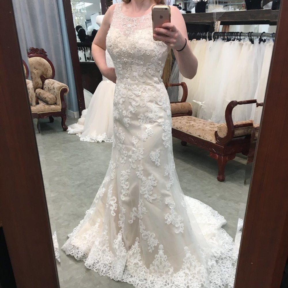 Ella Rosa New LACE BLING Wedding Dress, Champagne Rustic Vintage, Illusion Neck